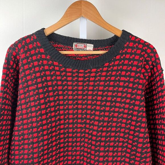 Devold Design Vintage Crewneck Sweater Mens Large Black Red Wool Norway - Picture 2 of 6